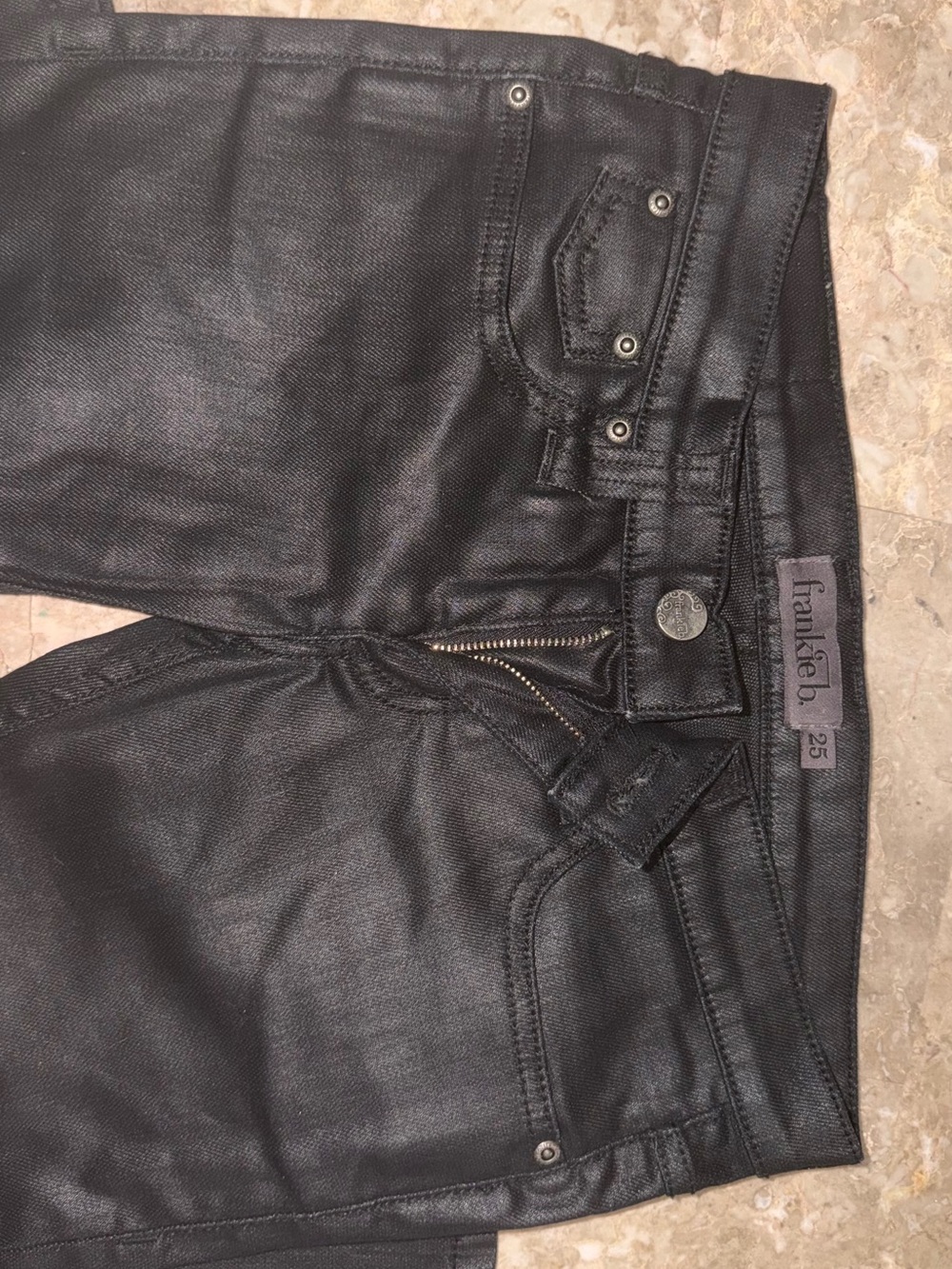 New* Frankie B. Wax shiny Black Coated women low rise Jeans/zipper back pockets